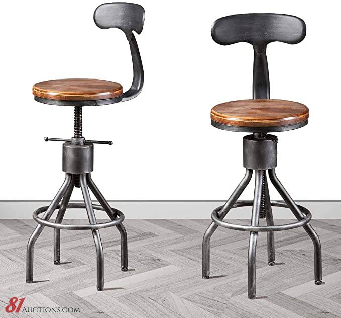Wooden Top Diwhy Industrial Vintage Bar Stool,Kitchen Counter Height Adjustable Pipe Stool,Cast Iron Stool,Swivel Bar Stool with Backrest,Metal Stool,Silver,Fully Welded Set of 2 